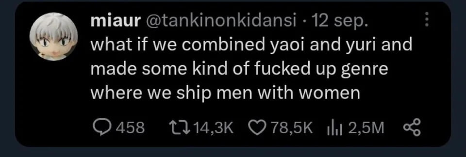miaur what И we combined уао! and yuri and made some kind of fucked up genre where we ship men with women