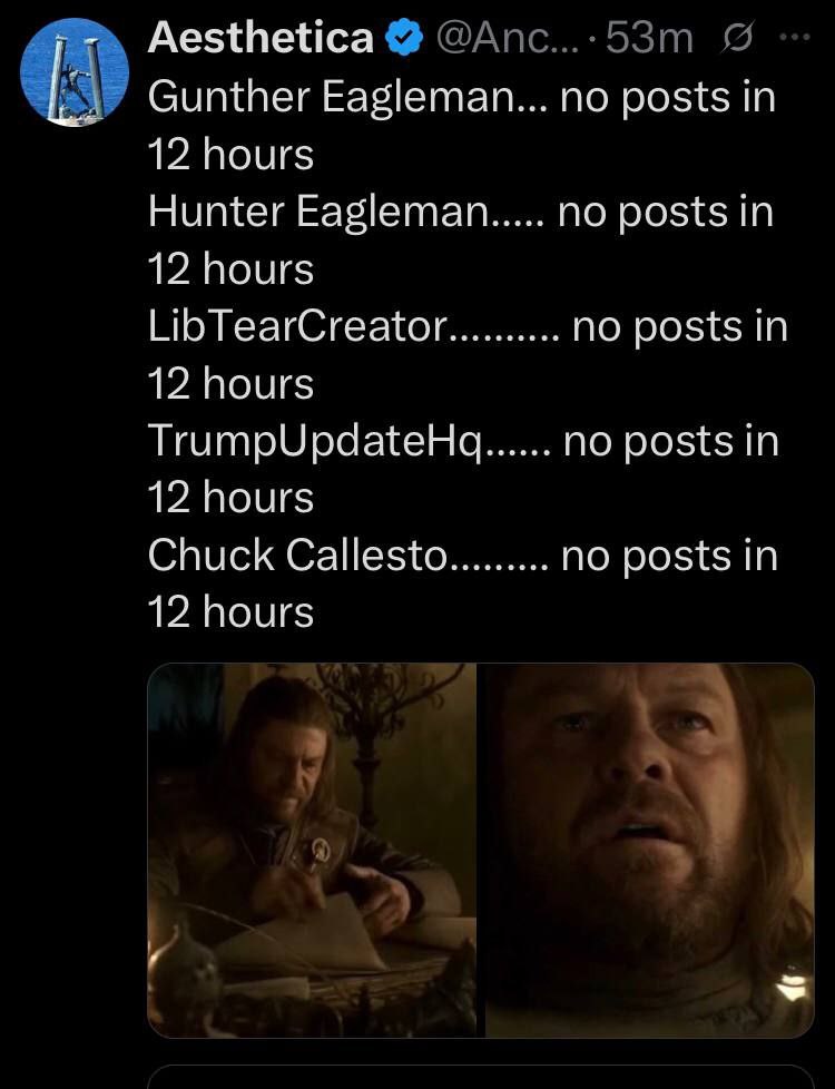 Aesthetica Gunther етап ПО posts 1? hours Hunter Eagleman по posts in 12 hours LibTearCreator по posts In 12 hours TrumpUpdateHq no posts in 12 hours Chuck Callesto no posts in 12 hours