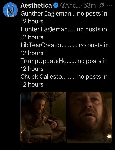 Aesthetica Gunther етап ПО posts 1? hours Hunter Eagleman по posts in 12 hours LibTearCreator по posts In 12 hours TrumpUpdateHq no posts in 12 hours Chuck Callesto no posts in 12 hours