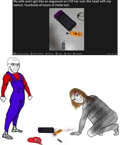 it her over the head wit my My wite and I got into an argument so I switch. Hundreds of hours of Zelda lost.
