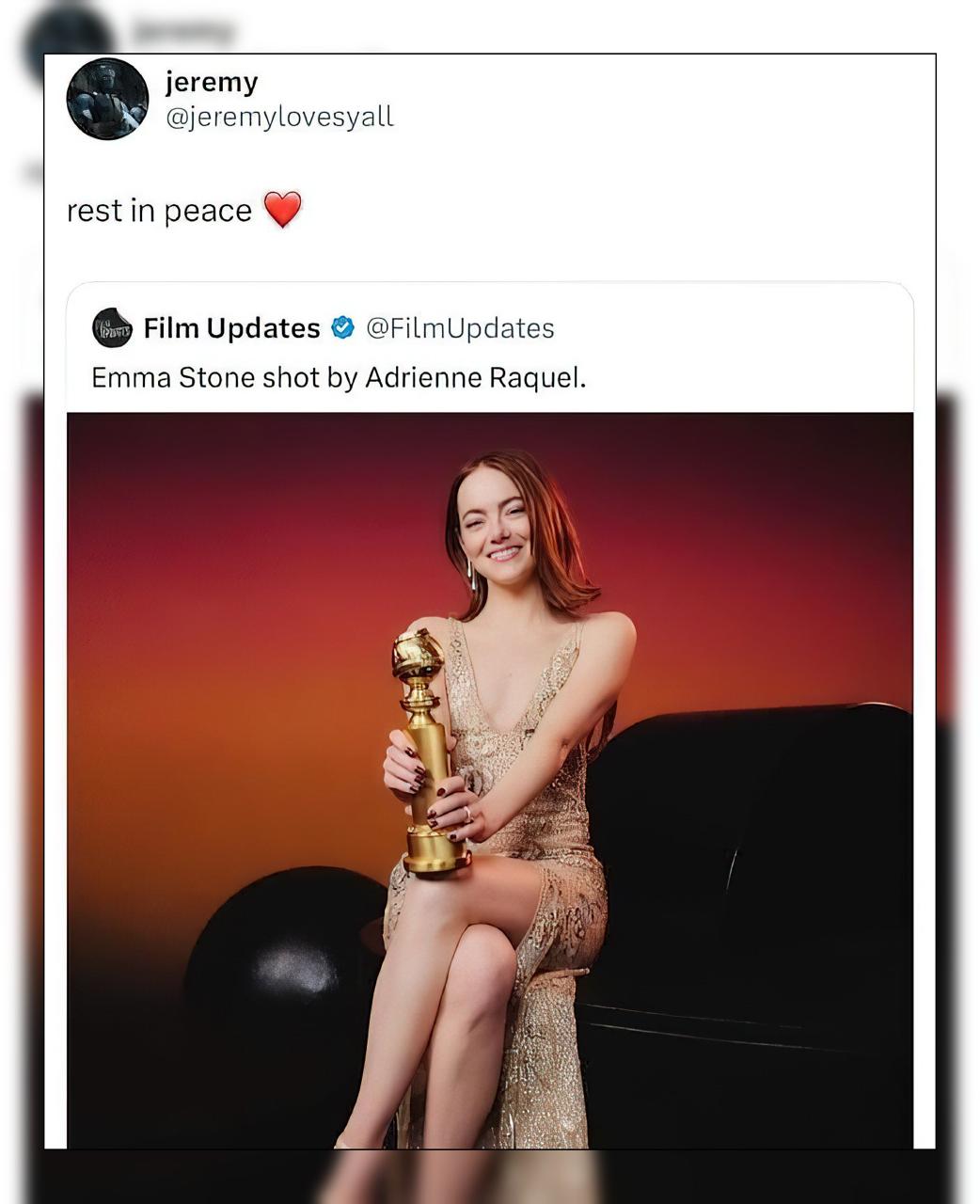 jeremy @jeremylovesyall rest in peace Film Updates @FilmUpdates Emma Stone shot Adrienne Raquel