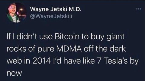Wayne Jetski @WayneJetskiii didn't use Bitcoin to buy giant rocks of pure MDMA off the dark web in 2014 have like 7 Tesla’s now